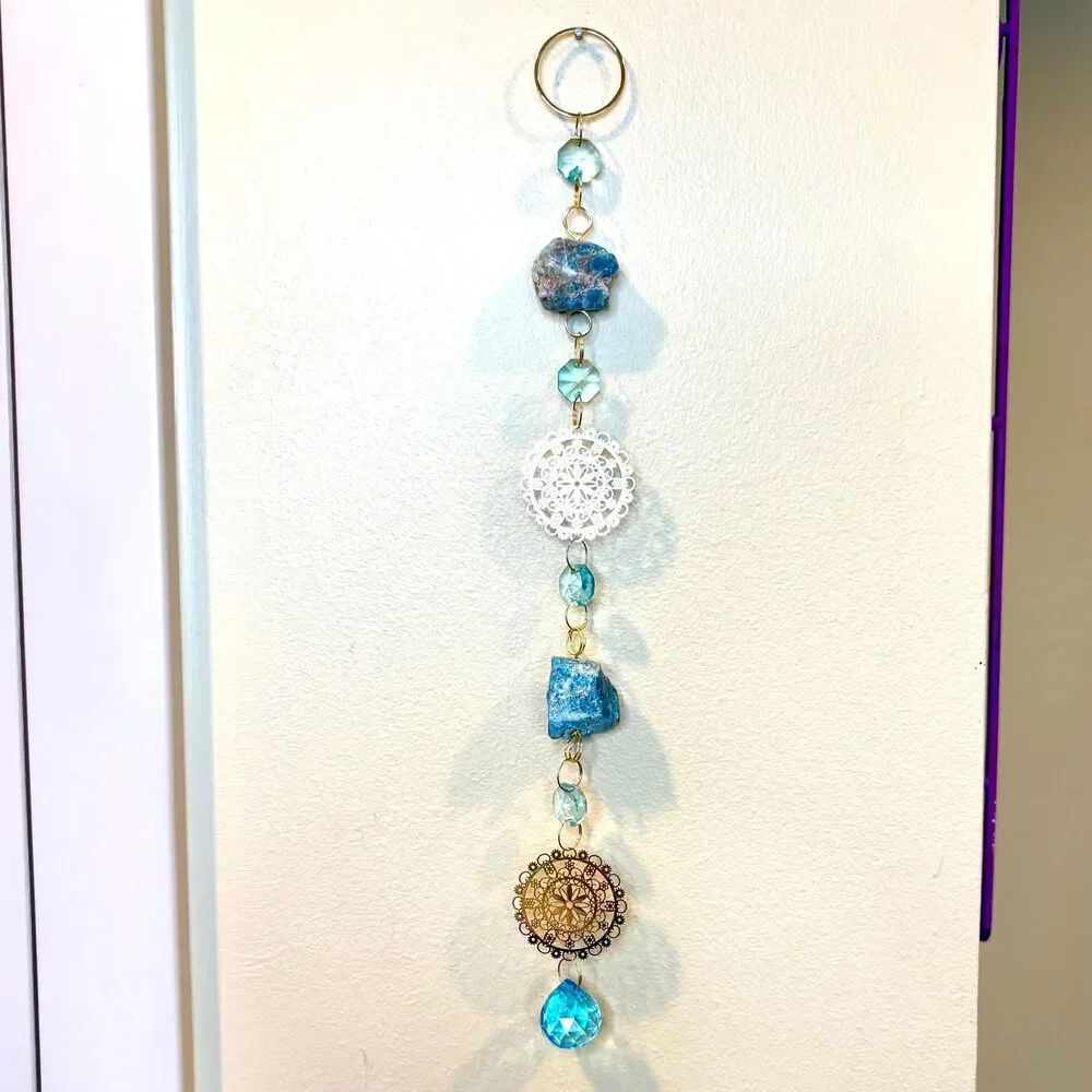 Raw Blue Apatite Hanging | Gold Mandala Filigree Charm | Blue Crystal Prism